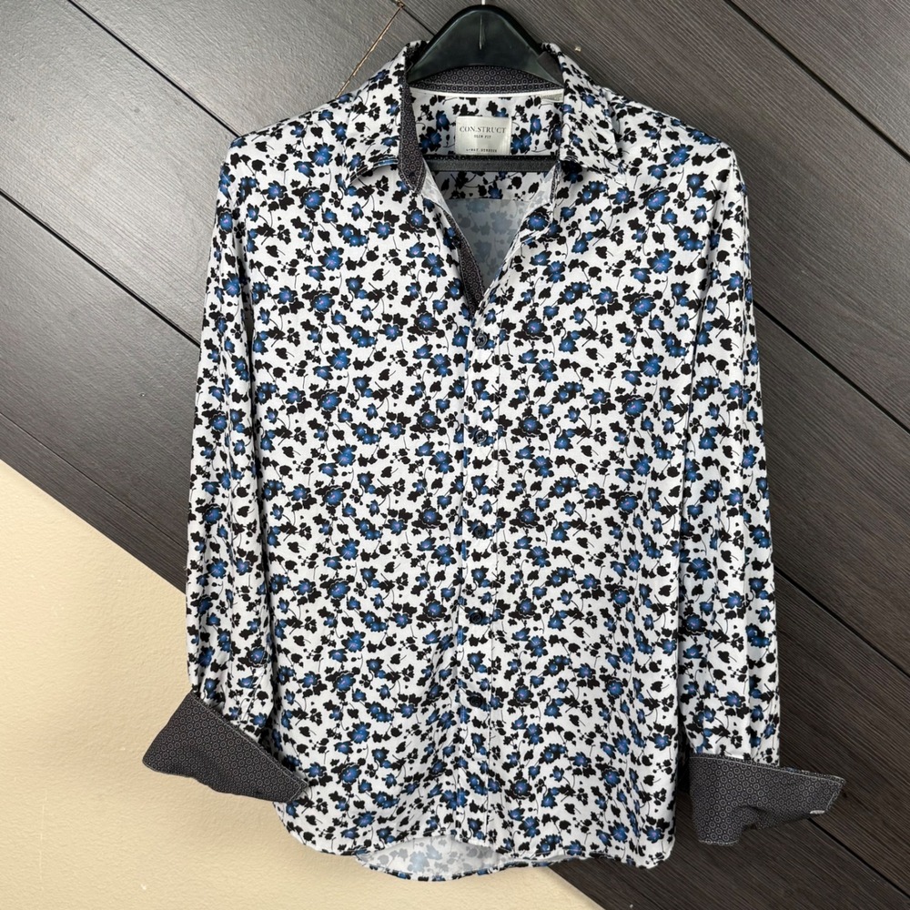Con.Struct Men's Large Floral Button Up Shirt Blue White Stretch Contrast Cuffs